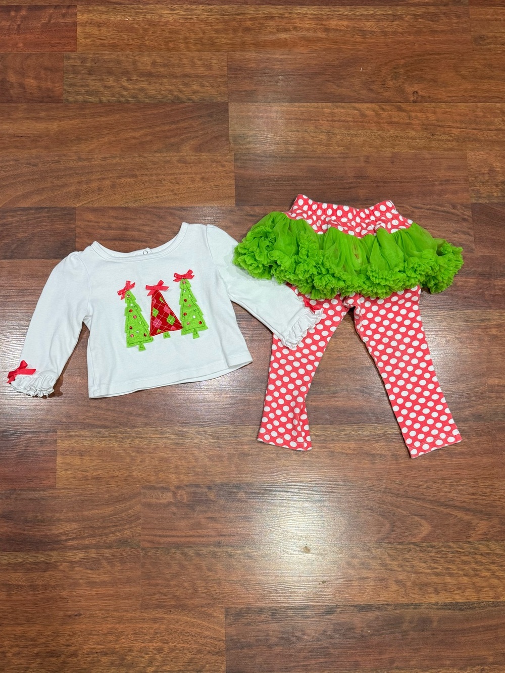 Mud Pie - Green & Pink Polka Dot Tree Ruffle Outfit for Holidays or Christmas